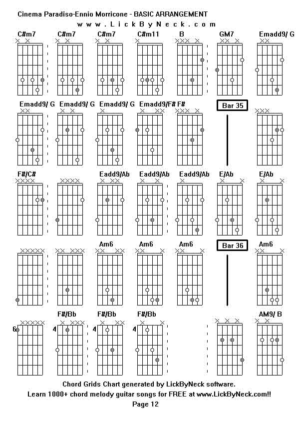 Chord Grids Chart of chord melody fingerstyle guitar song-Cinema Paradiso-Ennio Morricone - BASIC ARRANGEMENT,generated by LickByNeck software.